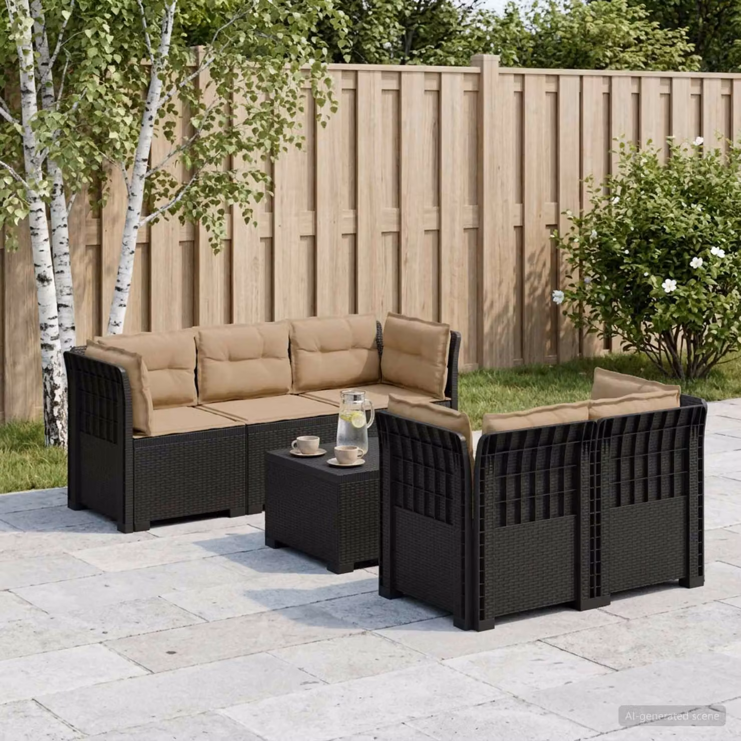 Set da giardino vidaXL a forma di L con divano da 5 posti, tavolino e cuscini in stile rattan moderno, colori antracite e beige