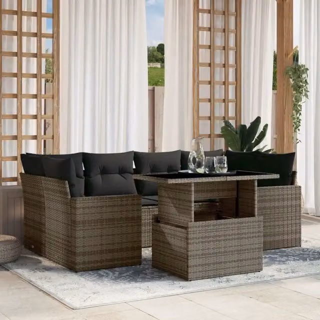 Set Divani da Giardino 7 pz con Cuscini Grigio in Polyrattan 3267130