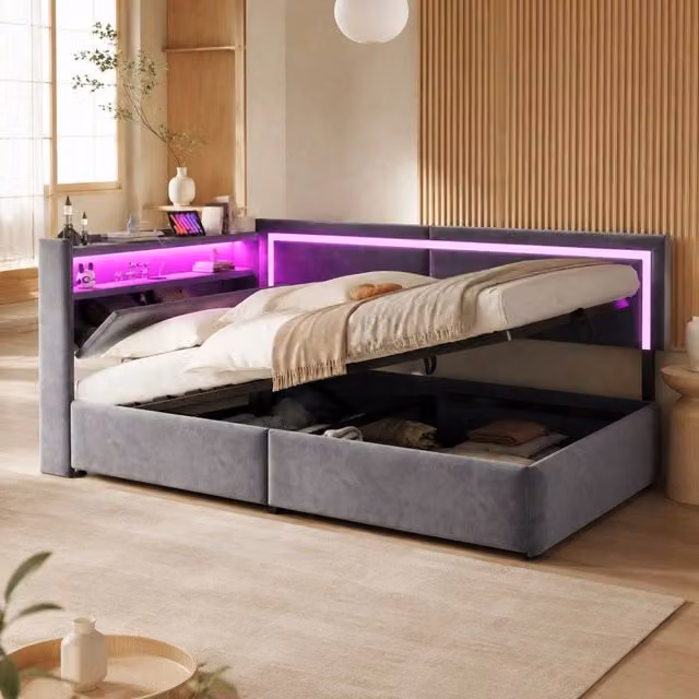 Divano letto imbottito 90x200 cm con contenitore idraulico; LED e USB; velluto grigio