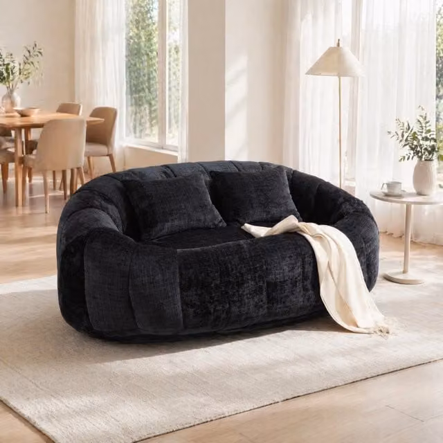 Poltrona sacco ULEVR 150x95x63 cm in ciniglia nera, imbottitura in schiuma memory e portata 150 kg