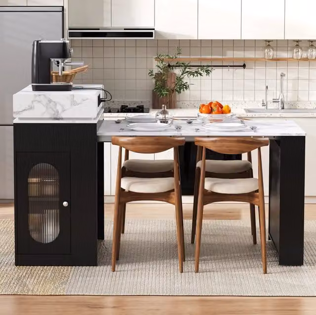 Isola cucina con ruote e tavolo da pranzo allungabile con piano pieghevole, tavolo bar con prese elettriche e ganci, nero, per cucina e sala da pranzo