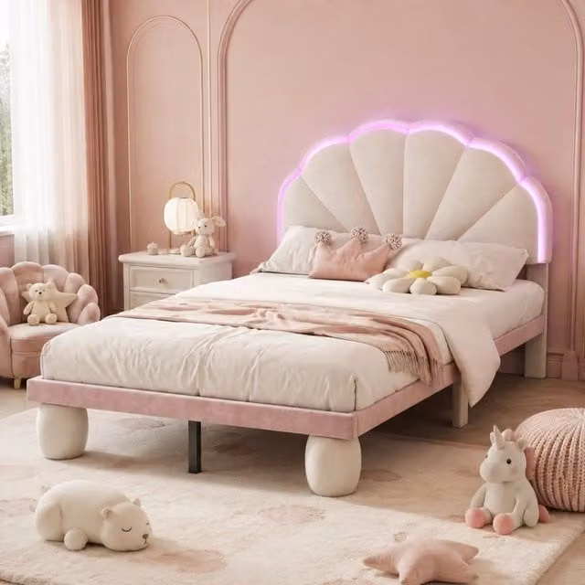 Letto singolo imbottito per bambini con LED multicolore in velluto bianco e rosa L/P: 90 x 200 cm