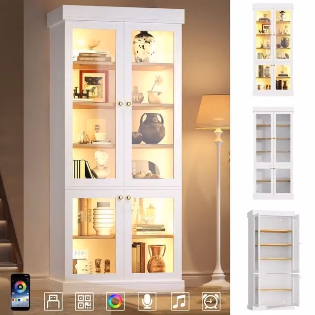 Armadio alto con vetrina e LED ¨C Minimal ¨C Bianco, per casa multiuso