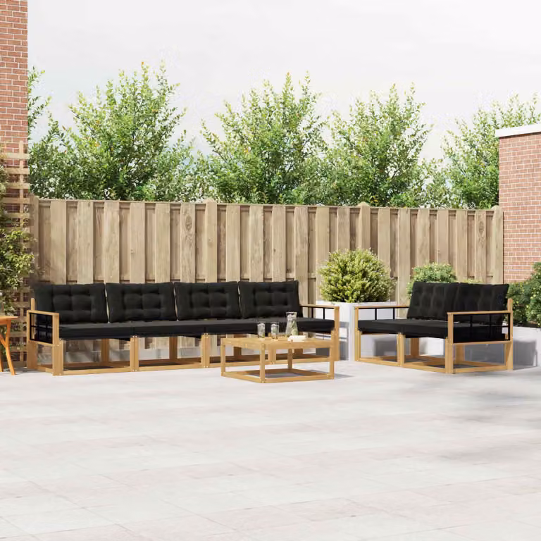 Set di divani da esterno vidaXL 7 pz in legno di acacia con tavolo da caffè e cuscini, Bianco e Nero