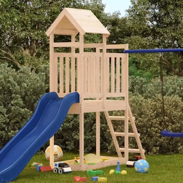 Set da gioco da esterno vidaXL Play Tower in legno con scivolo e altalena, multicolore, L/P/H: 110 x 53 x 214 cm