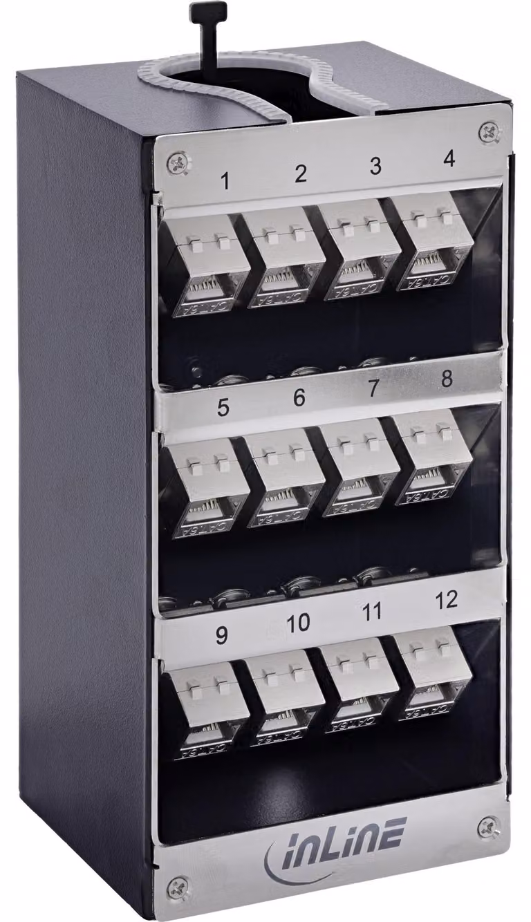 Pannello di connessione Keystone Cat.6A, per montaggio a parete o su guida DIN, schermato (STP), 12 porte