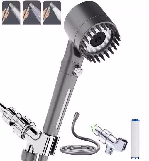 Doccetta manuale con elevata pressione e grande portata d'acqua, funziona anche in presenza di bassa pressione - Set doccia manuale, soffione con 3 impostazioni e filtro, comprensivo di tubo di ricambio da 150 cm / standard / filtro Katun.