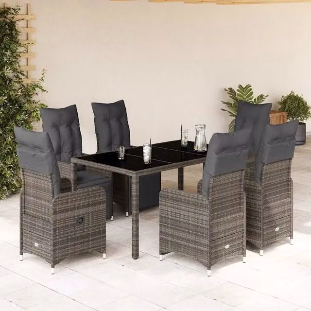 Set Bistrò da Giardino vidaXL in Polyrattan Grigio con Cuscini e Tavolo in Vetro, 7 Pezzi