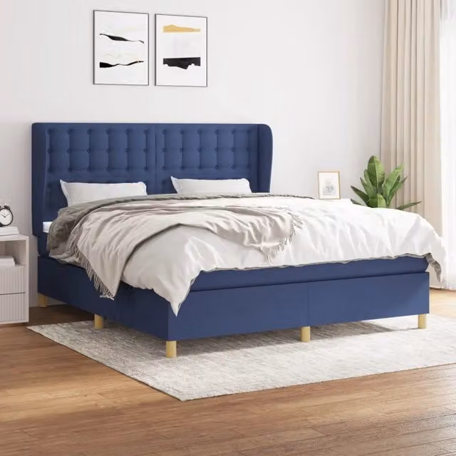Letto Ibrido vidaXL con Giroletto a Molle e Materasso in Tessuto Blu e Bianco L/P/H: 160 x 200 x 76,7 cm