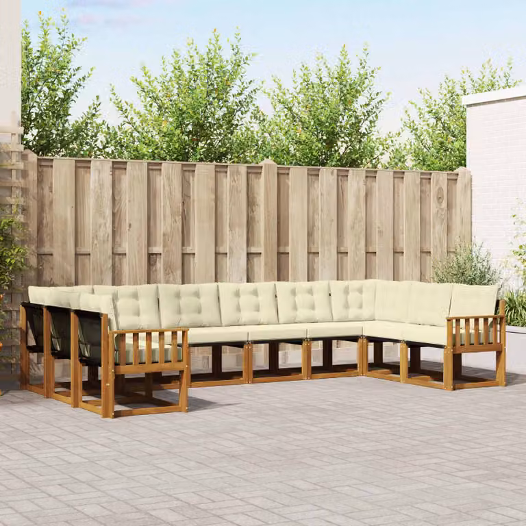 Set di divani da esterno vidaXL 10 pezzi in legno di acacia con cuscini beige e bianco per giardino e terrazza