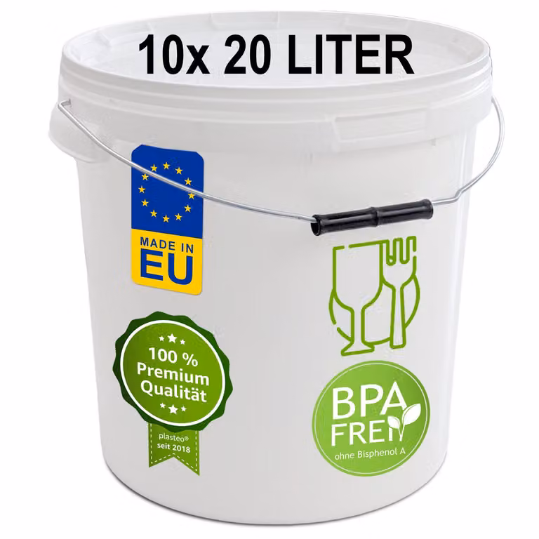 plasteo® Secchio da 10x 20 litri con coperchio Secchio in plastica ermetico per alimenti Secchio in plastica Secchio vuoto Secchio da trasporto (10x 20 litri)