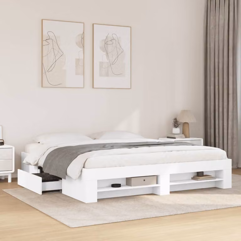 vidaXL Giroletto Bianco in Legno Multistrato con Doghe Fisse L/P/H: 180 x 200 x 33 cm