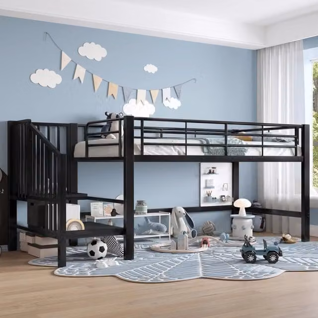 Letto a soppalco singolo MIVRAY nero con scala contenitore e rete a doghe inclusa L/P/H: 200 x 90 x 120 cm