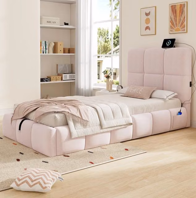 Letto singolo imbottito 90x200 cm in velluto rosa con contenitore; rete e porta USB