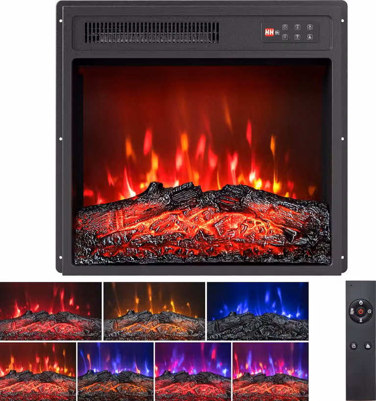 Inserto camino elettrico COSTWAY 18" 750W/1500W, camino elettrico da incasso con 7 colori di fiamma realistici, 5 livelli di luminosità regolabili, timer