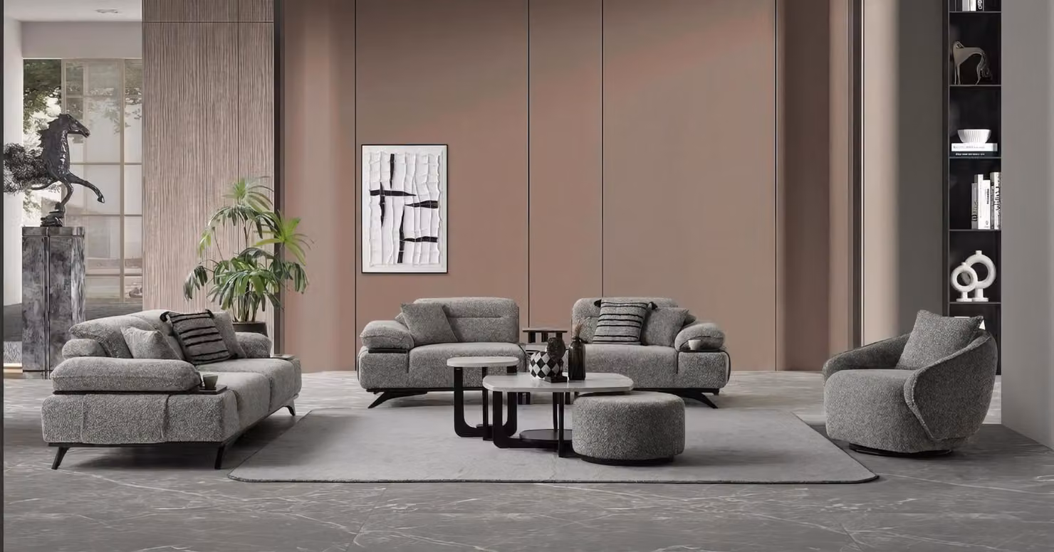 Divano a 3 posti con tavolino laterale, design moderno, colore grigio, elegante e