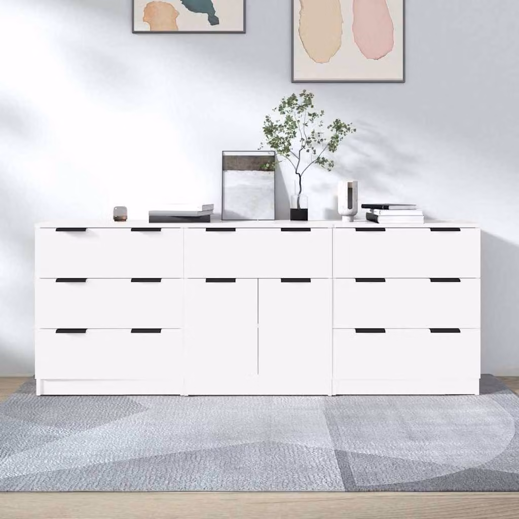 Set di 3 credenze vidaXL bianche in legno multistrato per sala da pranzo, modello minimalista a parete