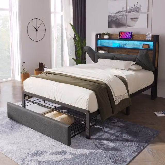 Letto singolo 90×200 cm con testiera contenitore, USB, Type-C, LED e cassetto, senza materasso, grigio