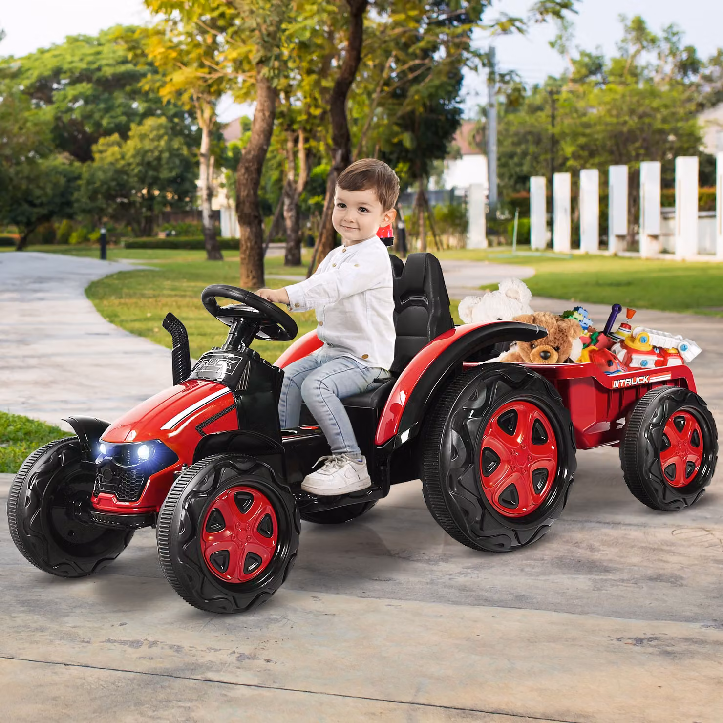 Costway Trattore Elettrico per Bambini con Rimorchio e Telecomando, Giocattolo 2 in 1 con Luci e Suoni, Rosso – 3