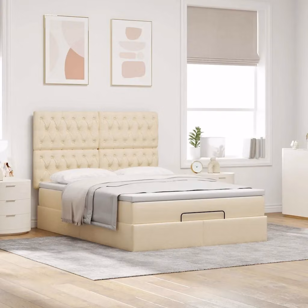 Letto con contenitore a sollevamento e pouf vidaXL in tessuto beige e bianco con porta USB e illuminazione sottostante L/P/H: 193 x 144 x 128 cm – 2