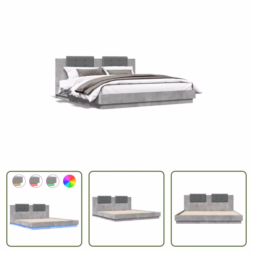 The Living Store Struttura letto con testiera e luci LED grigio cemento 200x200 cm