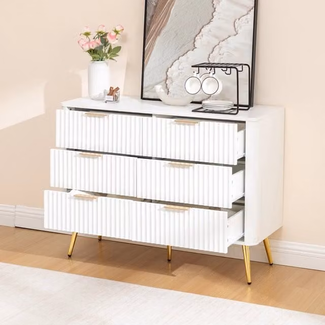 Cassettiera a 6 cassetti in MDF bianco con chiusura ammortizzata maniglie in metallo e gambe alte 20 cm