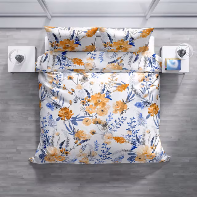 Completo copripiumino e federe DaunenStep Joy in cotone Mako Satin bianco con fantasia floreale moderna