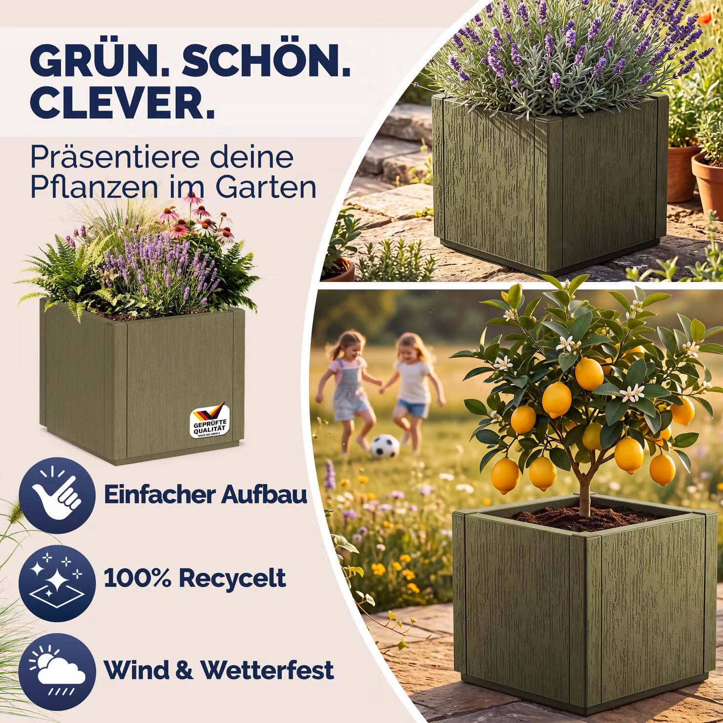 Vaso da giardino Casaria in plastica, disponibile nei colori antracite e verde, L/P/H: 36 x 36 x 35 cm – 3