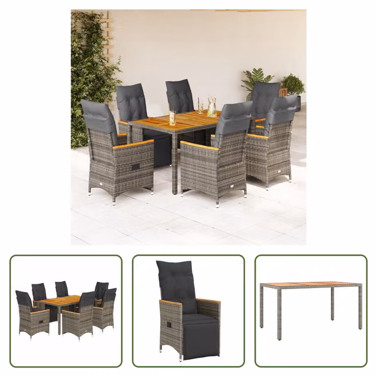 The Living Store Set bistrot da giardino 7 pezzi con cuscini in poly rattan grigio