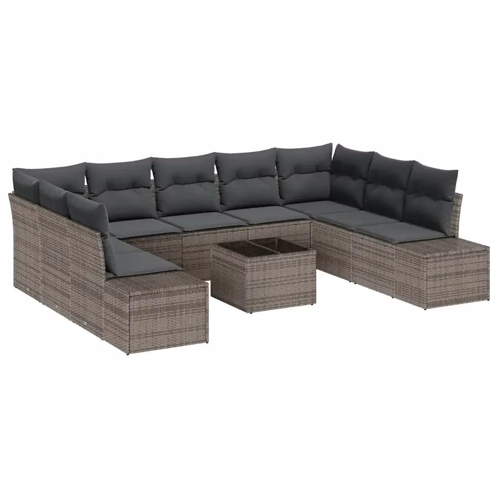 Set Divano da Giardino vidaXL 10 Pezzi a Forma di U Grigio con Cuscini e Tavolino in Polyrattan e Metallo – 2