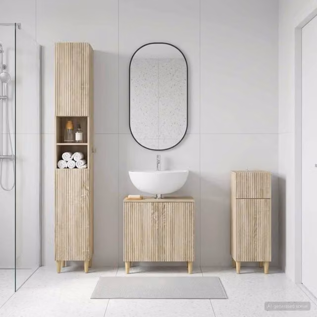 Set di 3 mobili da bagno moderni vidaXL in legno marrone composto da mobile sottolavabo, armadietto alto e mobile laterale