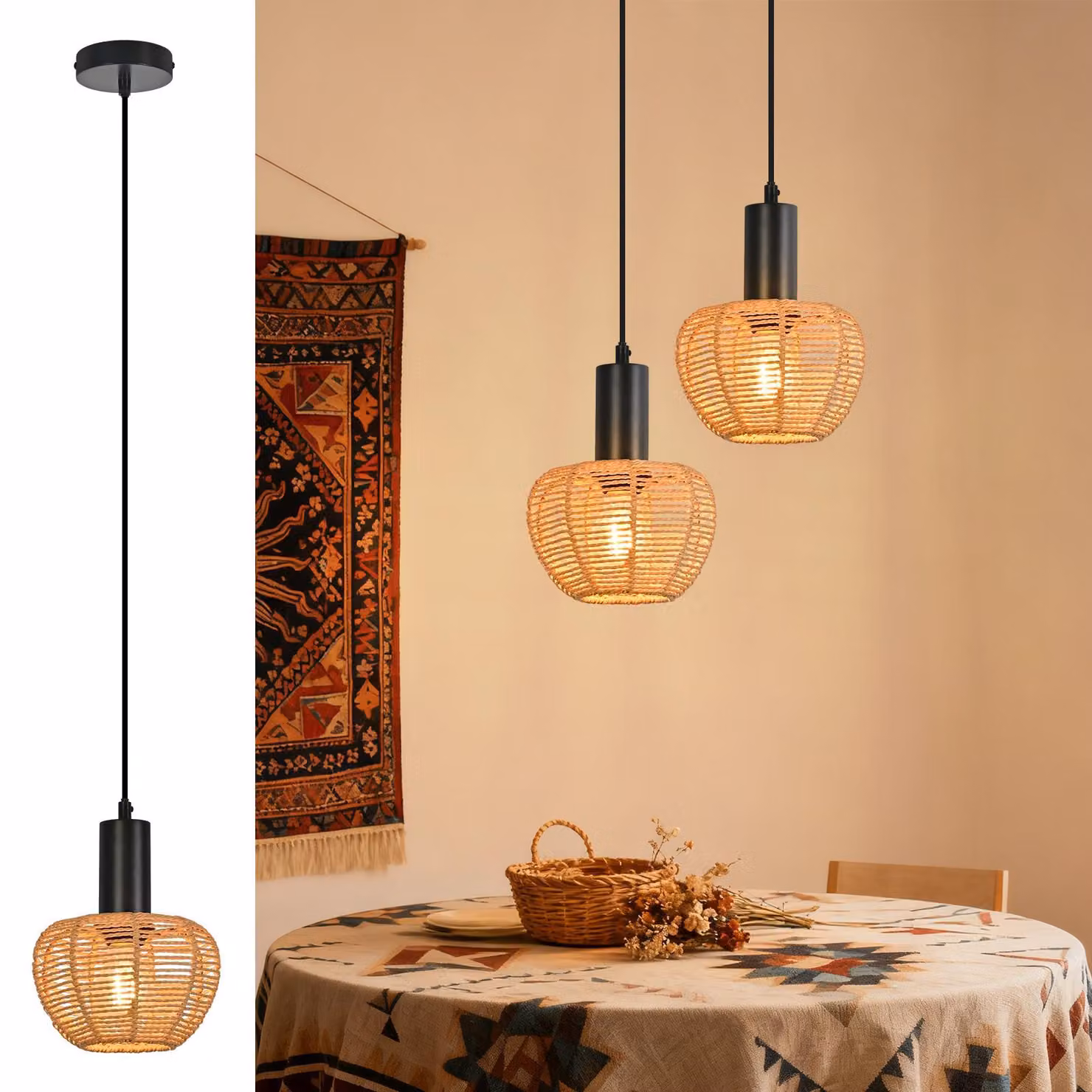 ZMH Lampada a sospensione boho lampada a sospensione rattan 1 fiamma tavolo da pranzo lampada a sospensione intrecciata paralume lampada a sospensione per camera da letto/senza lampadina