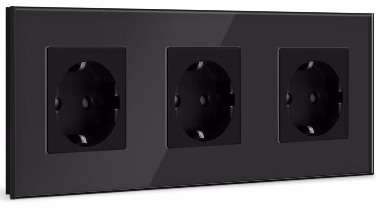 Prese a muro multiple, 3 prese, con piastra in vetro cristallo, 16 A, colore nero, per uso domestico