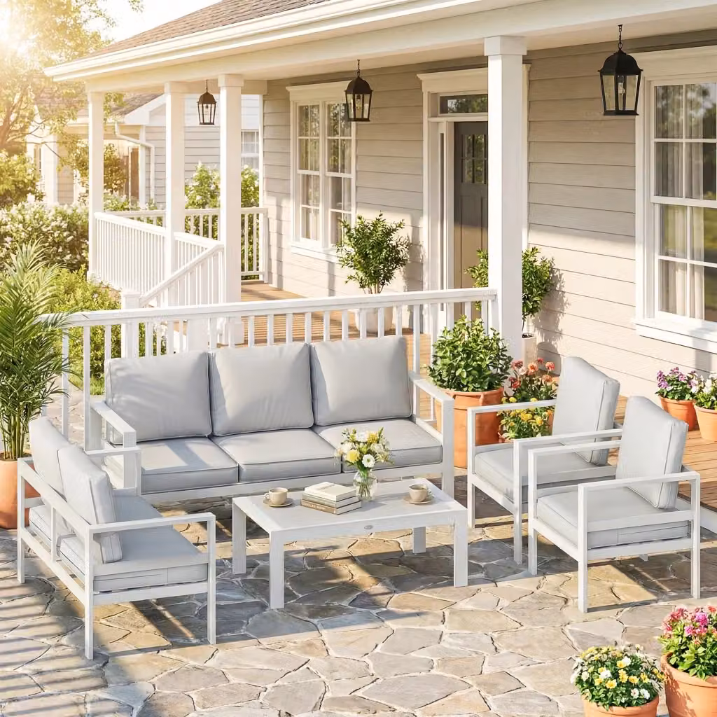 Set da giardino Giordanoshop in alluminio bianco con 2 divani, 2 poltrone e tavolino con cuscini inclusi – 2