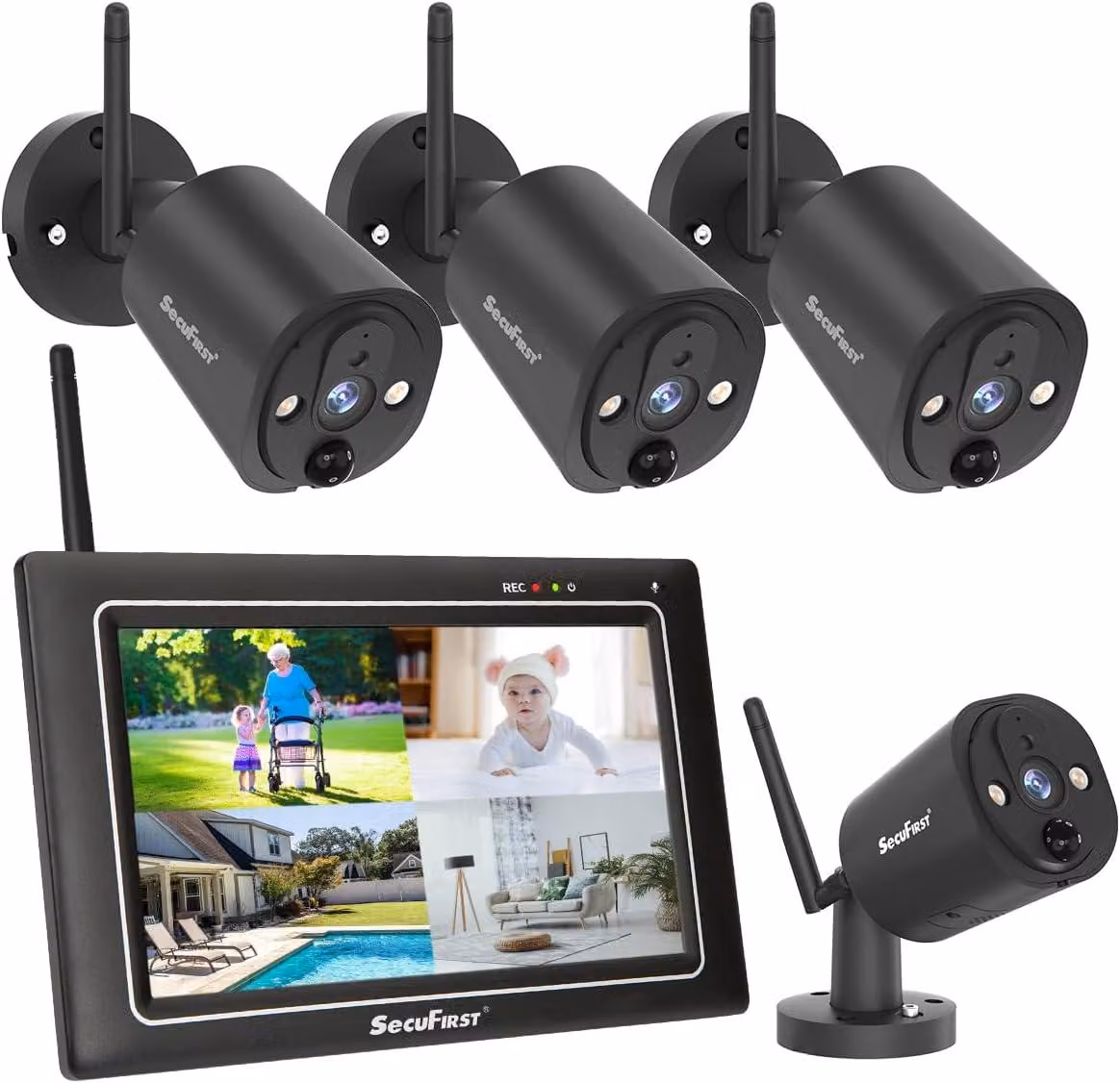 Kit di telecamere di sicurezza wireless per esterni 2K, composto da un monitor, 4 telecamere per esterni, sistema di videosorveglianza con schermo NVR e display touchscreen da 7 pollici, dotato di rilevamento del movimento tramite intelligenza artificiale