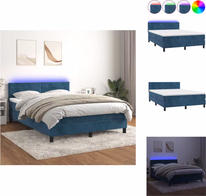 vidaXL Letto a molle con materasso e LED in velluto blu scuro 140x190 cm - Letti & strutture letto
