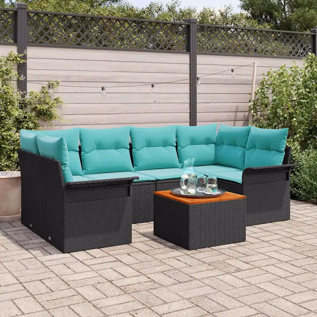 Set Divano da Giardino vidaXL 7 Pezzi a Forma di L con Tavolino, Nero e Turchese