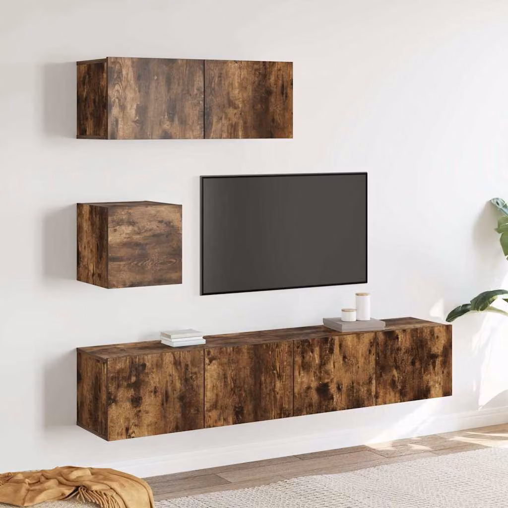 Set di mobili porta TV moderno vidaXL in legno Rovere Fumo, composto da 4 pezzi da appendere a parete, L/P/H: 80 x 30 x 30 cm