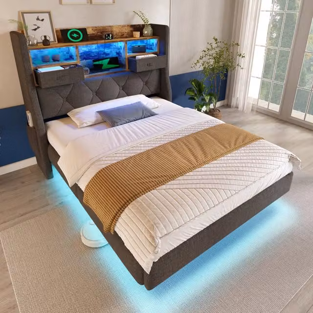 Letto singolo 90 × 200 cm con LED, ripiani, cassetto, USB e porta USB tipo C, senza materasso, lino grigio
