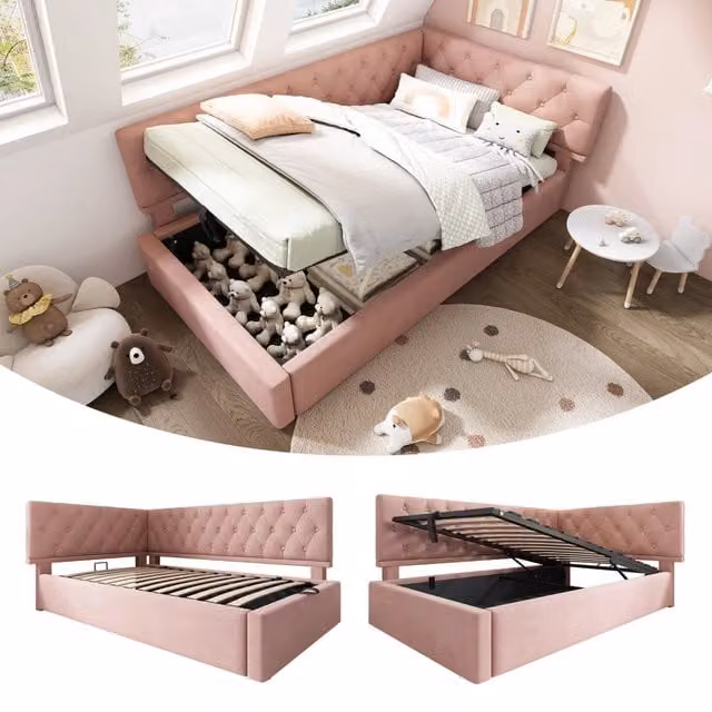 Divano letto imbottito in velluto rosa con contenitore idraulico e rete a doghe, L: 90 cm, P: 200 cm – 1