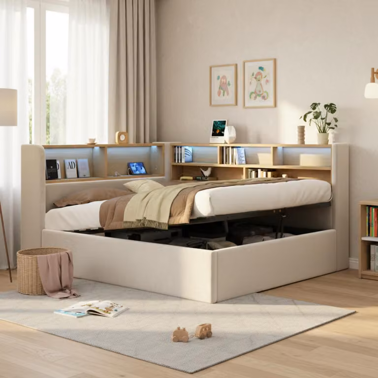 MODFU Divano letto letto per ragazzi 140x190 cm con illuminazione a LED, letto singolo con porta USB e schienale, letto idraulico con vano contenitore, senza materasso, beige