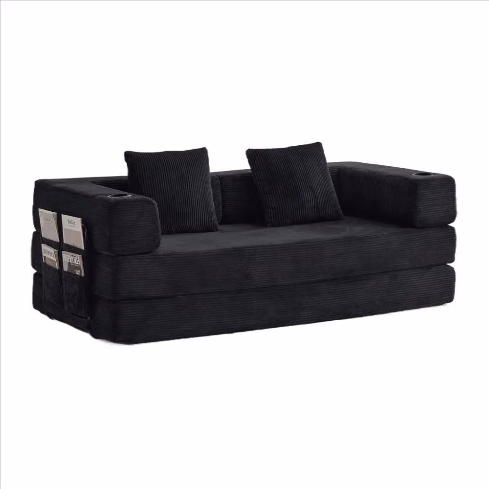 Divano modulare da pavimento - Divano ad angolo - Rivestimento in corda - Larghezza superiore a 240 cm - Portabicchieri - Tasca laterale - Nero