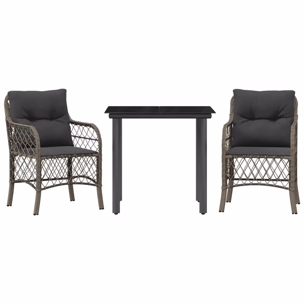 Set da Bistrò vidaXL 3 pz in Polyrattan con Cuscini Grigio e Nero per Giardino e Balcone – 2