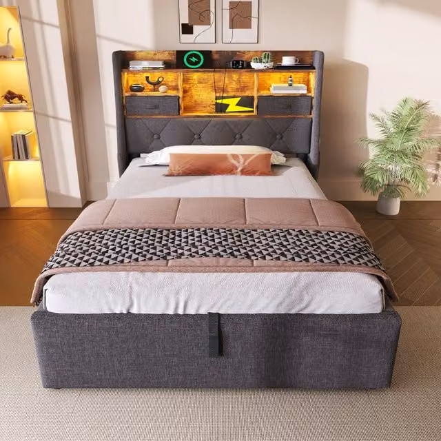 Letto Singolo 90x200 cm in Lino Grigio con Contenitore Idraulico; Testiera LED e Prese USB/Type-C