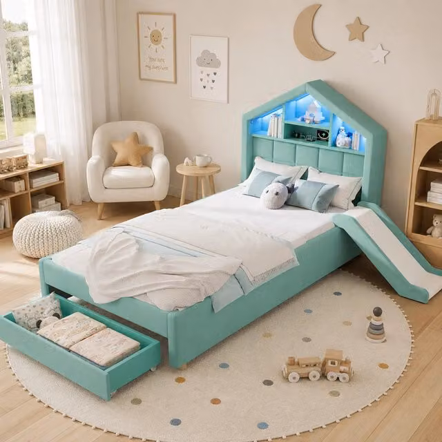 Letto per bambini imbottito in velluto verde petrolio con scivolo, luci LED, porta USB, mensola e vano contenitore, L/P/H: 200 x 90 x 114,5 cm