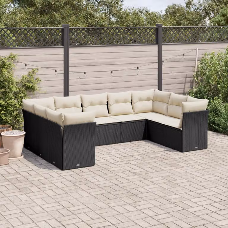 Set di Divani da Giardino vidaXL a Forma di L in Polyrattan e Metallo con Cuscini Bianchi e Neri