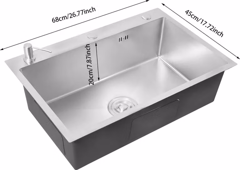 Lavello da cucina 68x45 cm - Lavello da incasso con un solo vano - Acciaio inossidabile - Grondaia a forma di V - Cesto di scarico e dispenser per sapone - Installazione sottotop/sovratop/a filo piano - Argento