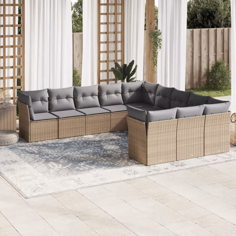 vidaXL Set Divani da Giardino 11 pz in Polyrattan con Cuscini Beige e Struttura in Acciaio