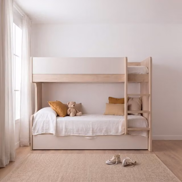 Letto a castello Hansel Banak in legno massiccio con letto a scomparsa per materasso 90x190 cm e scala a destra, bianco o beige