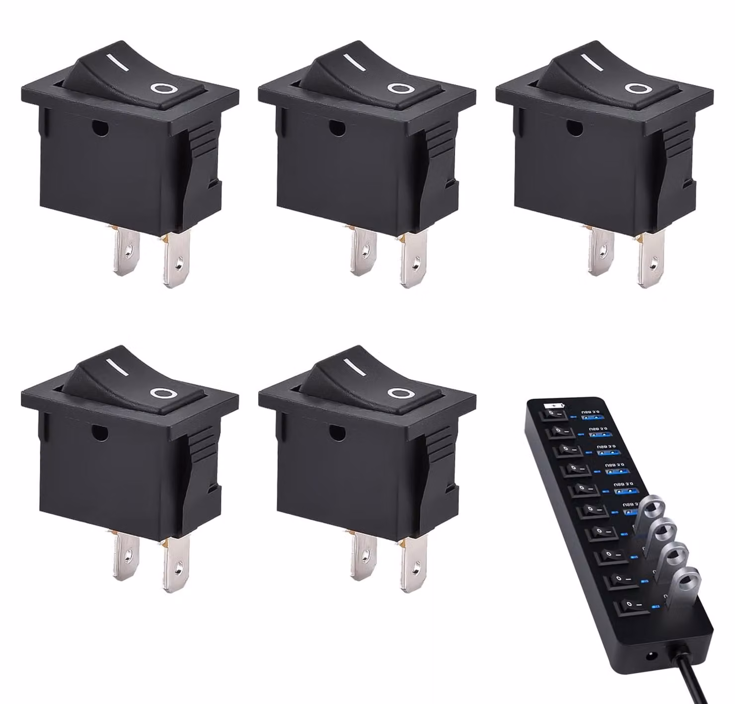 Set di 5 interruttori a levetta SPST, con funzionamento ON-OFF, 6A/250V AC, colore nero